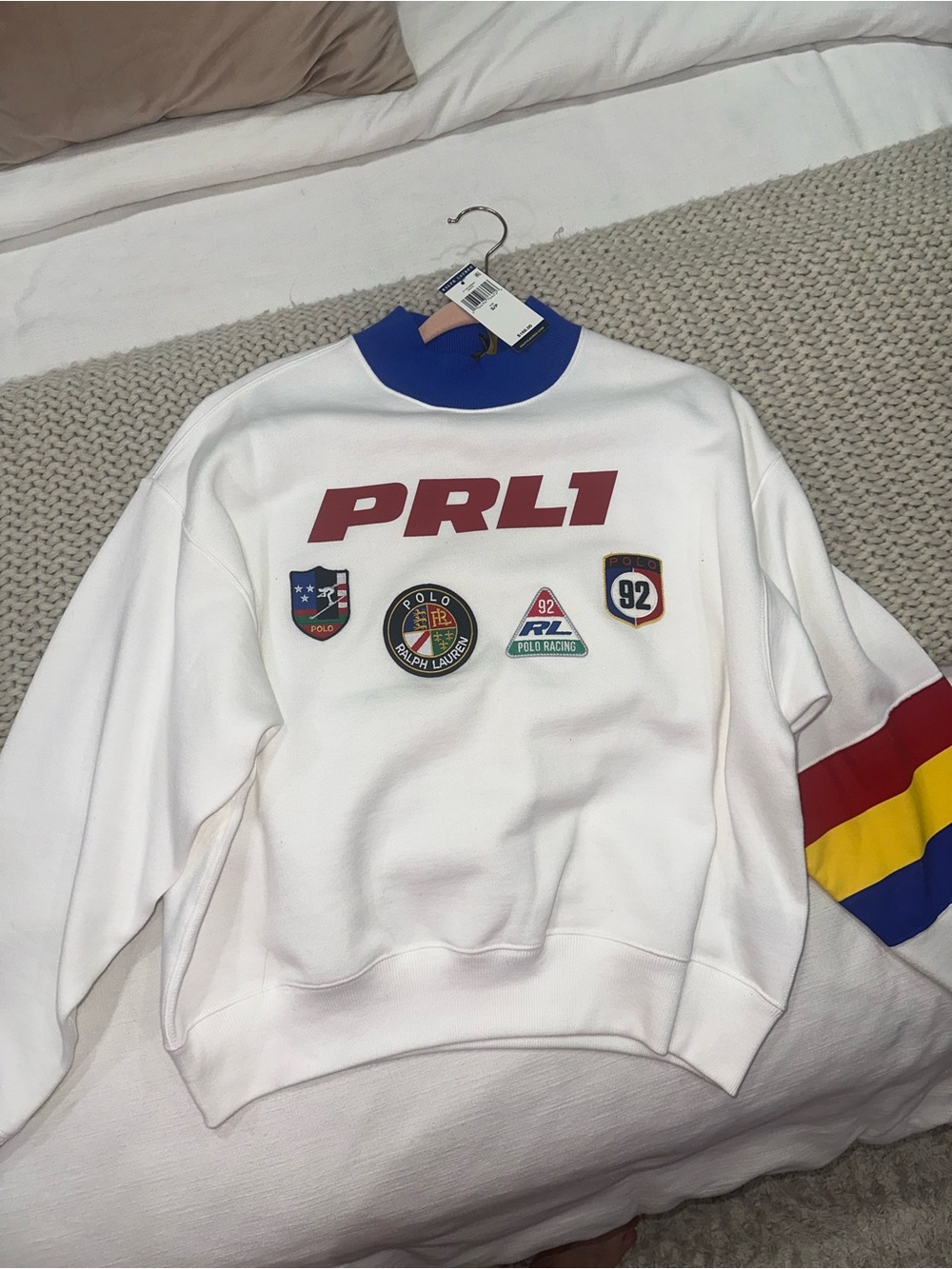 Ralph Lauren White PRL1 Crewneck Sweatshirt with Racing Patches